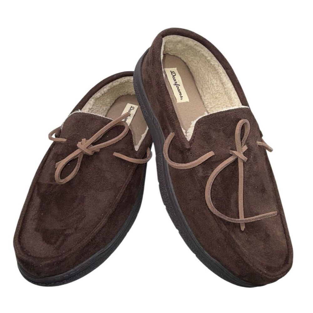 Dearfoams Men’s Microsuede Toby Moccasin Slippers Coffee Sz. M 9/10 Fleece Lined